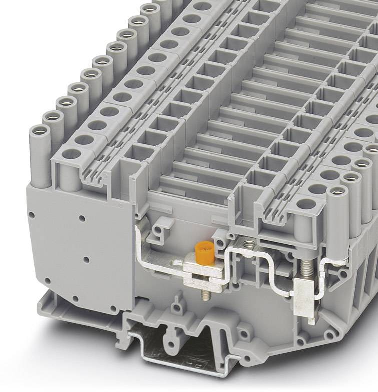 Elektrische Anschlussklemme mit multiplellem Steckplatz, graues Gehäuse, mit orangefarbenem Hebel zur Drahtbefestigung.