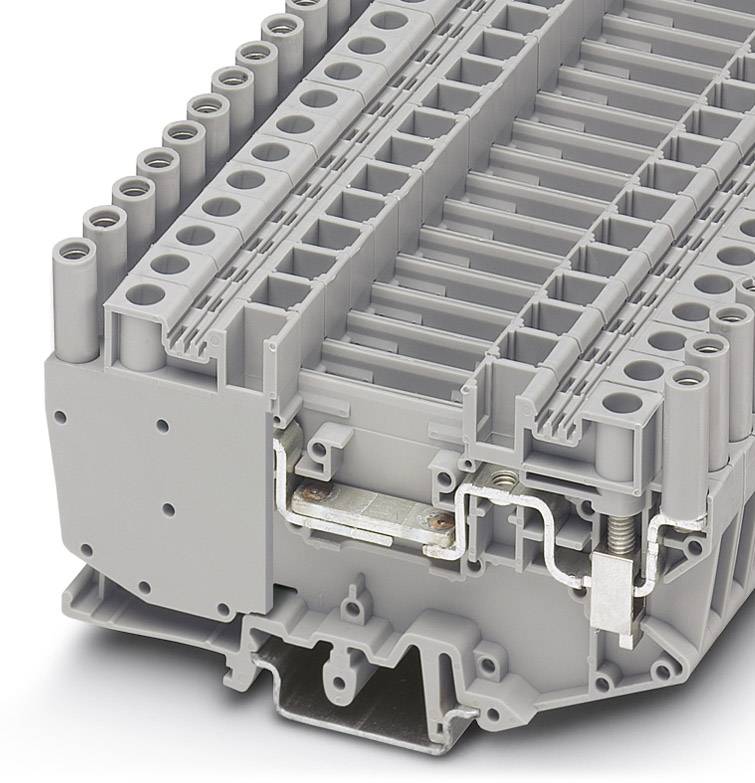 Graue elektrische Anschlussklemme mit mehreren Anschlussstellen, geeignet für industrielle Anwendungen zur sicheren Verdrahtung.