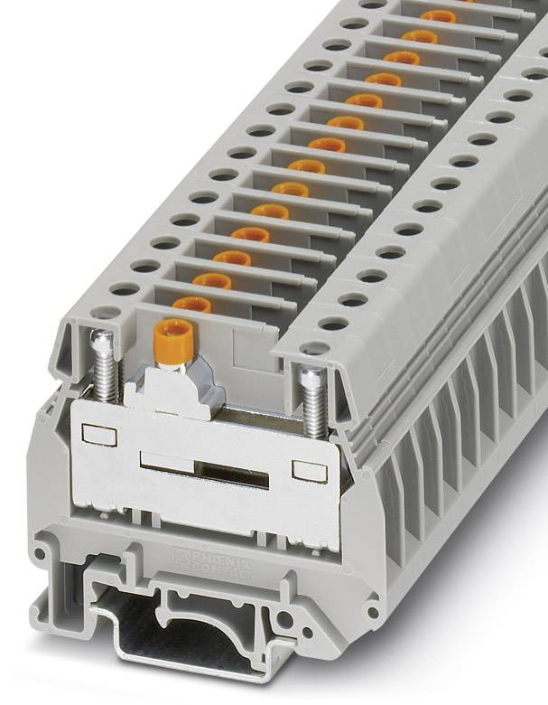 Graue Reihenklemme mit orangenen Elementen, die für die elektrische Verbindung in Schaltschrankanwendungen verwendet wird.