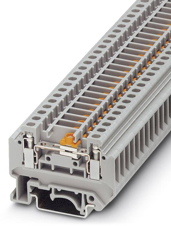 Graue Reihenklemme mit orangen Akzenten, geeignet für elektrische Verbindungen in Schalttafeln oder Verteilersystemen.