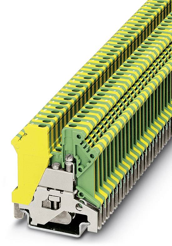 Mehrschichtige, gestapelte grün-gelbe Elektroanschlüsse in einem Schraubklemmenblock, geeignet für industrielle Anwendungen.