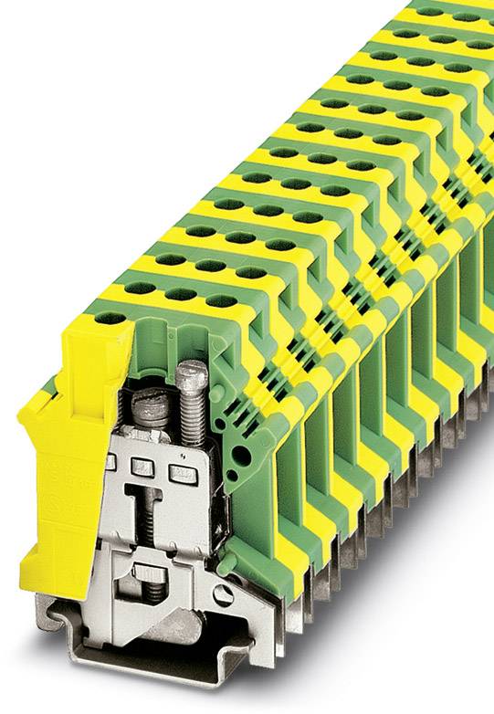 Eine Reihe gelb-grüner Reihenklemmen, die mechanische und elektrische Verbindungen für Verdrahtungsanwendungen bieten.