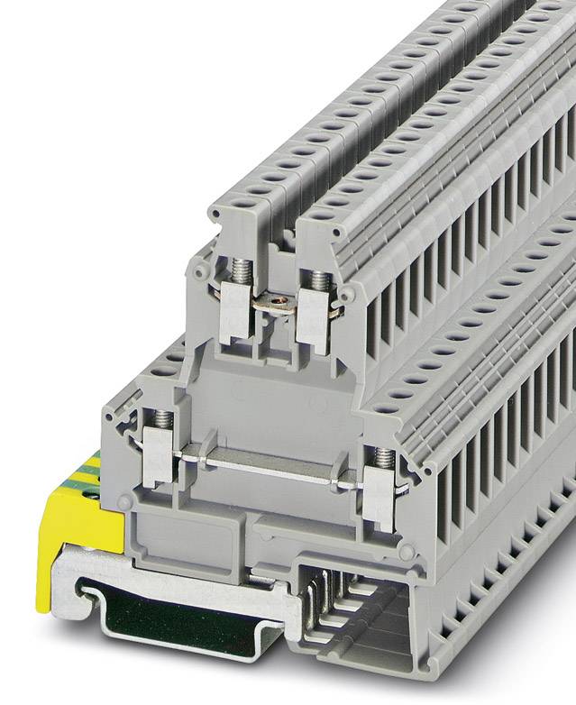 Grau-gelbe Mehrstock-Reihenklemme mit mehreren Anschlussklemmen, geeignet für industrielle elektrische Verdrahtung auf Hutschienen.