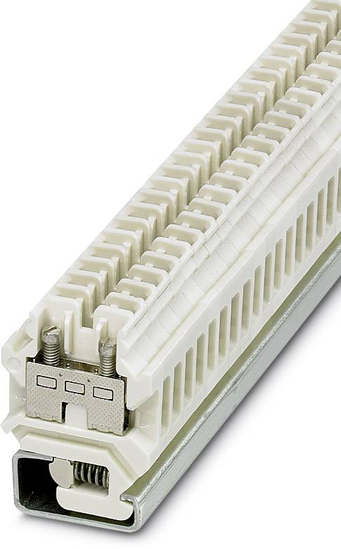 Ein weißer Reihenklemmenblock mit Metallschrauben und Steckverbindung auf einer Metallschiene; dient zur Verdrahtung in elektrischen Anlagen.