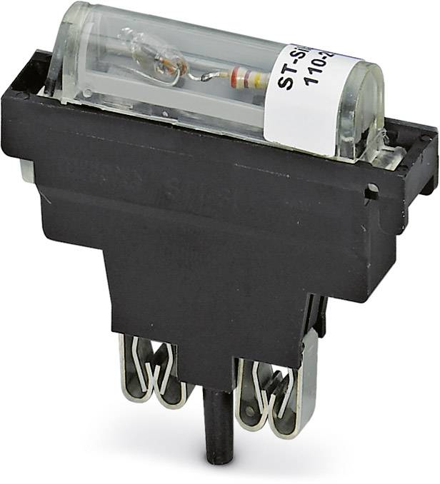 Elektronisches Bauteil mit Glasröhre und Widerstand, montiert auf einem schwarzen Sockel, zeigt Teile einer elektrischen Schaltung.