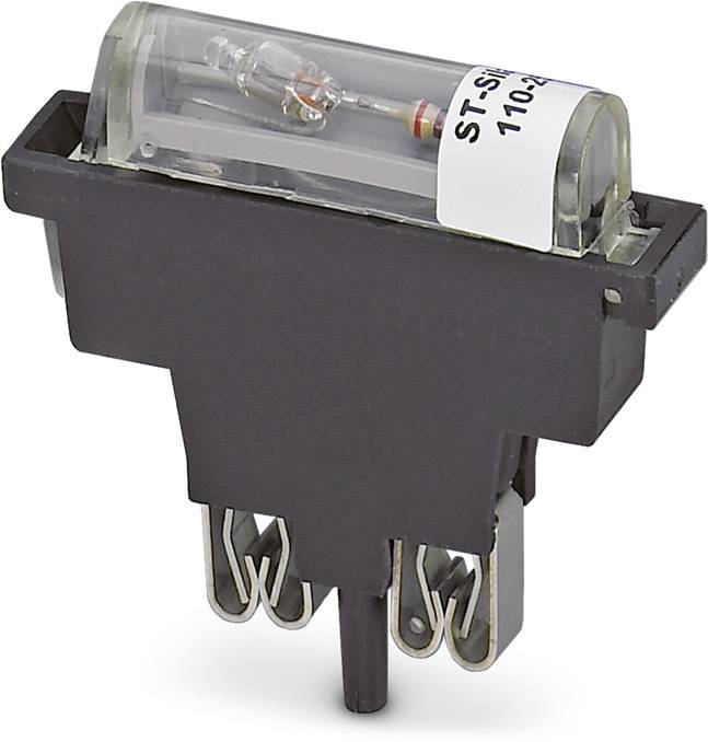 Ein schwarzer, rechteckiger elektrotechnischer Stecker mit transparentem Kunststoffgehäuse oben, das eine Glühbirne und Widerstand zeigt.