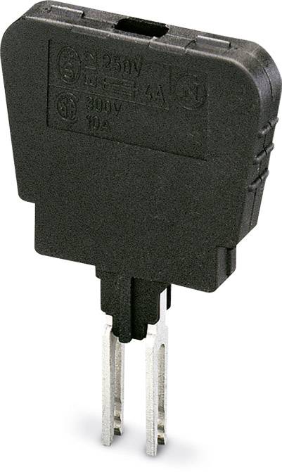 Ein schwarzer, rechteckiger Elektroteil mit Metallstiften unten. Beschriftet mit '250V', '10A'. Wird für elektronische Verbindungen verwendet.
