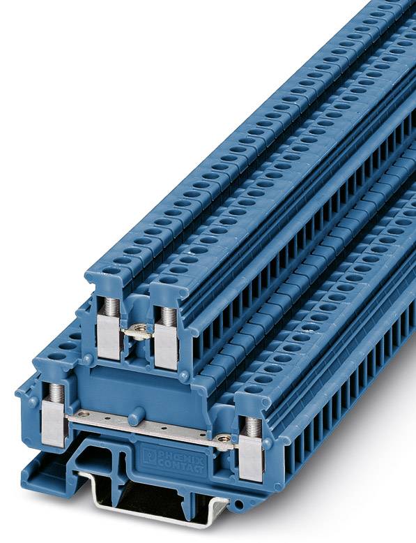 Blauer Reihenklemmenblock mit mehreren Ebenen und Schraubverbindungen zur Verdrahtung in elektrischen Schaltanlagen.