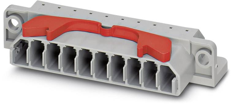 Ein grauer, rechteckiger Steckverbinder mit zehn Öffnungen und einem roten Verriegelungshebel darauf; geeignet für elektronische Verbindungen.
