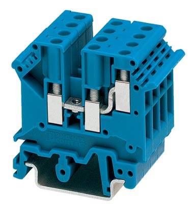 Blauer elektrischer Anschlussblock, bestehend aus Kunststoff mit mehreren Anschlussmöglichkeiten und Metallelementen zur Befestigung.