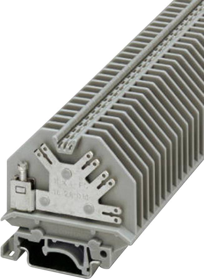 Anschlussklemme mit grauem, geripptem Gehäuse zur sicheren Verbindung elektrischer Leitungen in Schalttafeln oder Gehäusen.