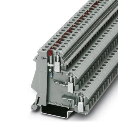 Grau-rot gestreifter Reihenklemmenblock mit mehreren Anschlusspunkten für industrielle elektrische Verbindungen, seitliche Ansicht.