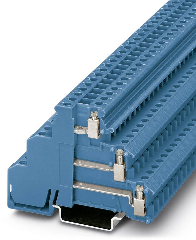 Blauer Reihenklemme mit mehreren Verbindungspunkten und Metallklemmen für elektrische Verdrahtung, montiert auf einer Metallschiene.