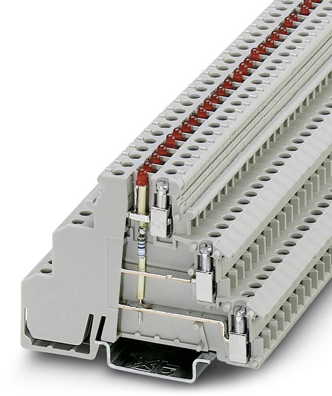 Elektrische Reihenklemme mit mehreren Ebenen, erkennbar sind Anschlussstellen und interne Verdrahtung, die für Schaltungen verwendet werden.