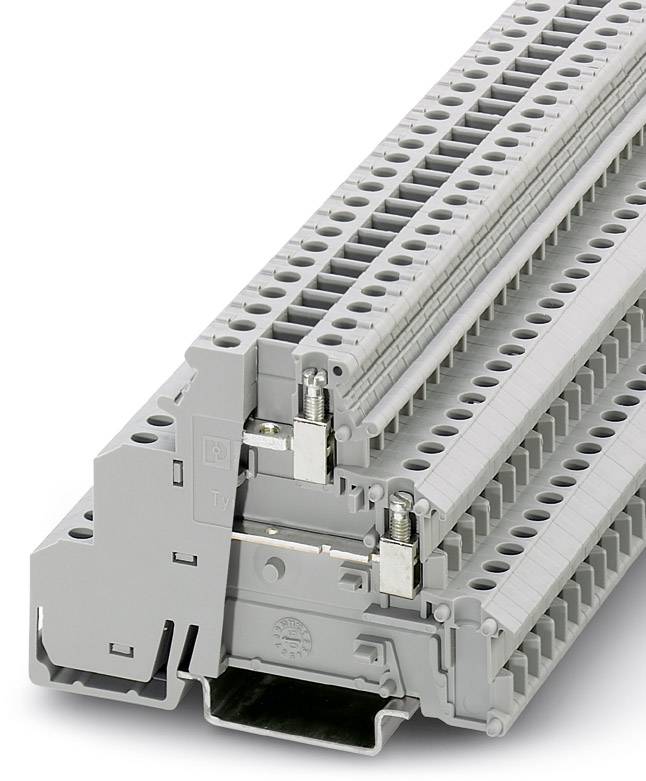 Grau-graue Reihenklemme für die Montage auf DIN-Schienen, mit mehreren Anschlussmöglichkeiten zur Verdrahtung elektrischer Komponenten.
