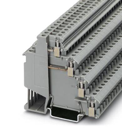 Graue, modulare Reihenklemme mit mehreren Ebenen und Anschlussklemmen, geeignet für elektrische Installationen in Schaltschränken.