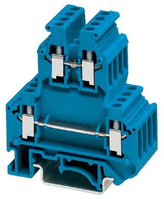 Blauer Elektro-Reihenklemme für die Hutschiene, zeigt zwei Anschlussstellen mit Schraubklemmen, typisches Element in Verteilerkästen.