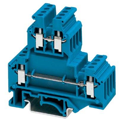 Eine blaue elektrische Klemmschiene mit mehreren Anschlüssen und Metallkomponenten, verwendet zur Befestigung von elektrischen Leitungen.