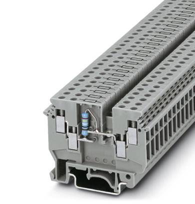 Reihenklemme mit Widerstand, graues Kunststoffgehäuse, seitliche Befestigung, für elektrische Schaltkreise in Schalttafeln.