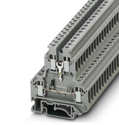 Graue Reihenklemme mit mehreren Anschlussmöglichkeiten, stapelbar zur Verdrahtung von elektrischen Schaltkreisen in Schaltschränken.