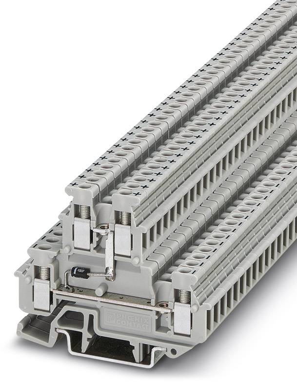 Grau modulare Reihenklemme mit mehreren Verbindungsebenen für Elektronikschaltschränke. Zeigt Produktdesign und Struktur.
