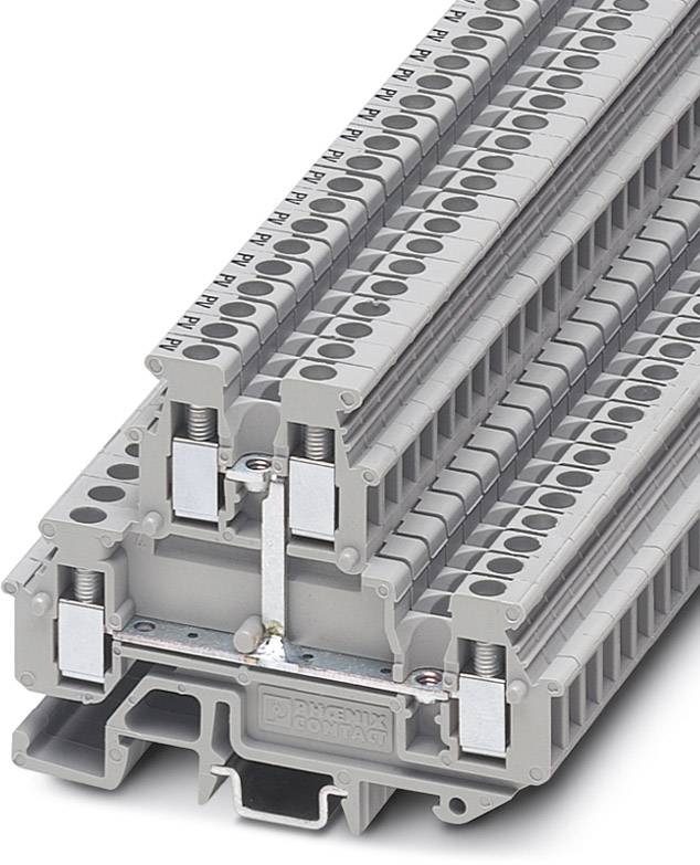 Bild einer grauen Reihenklemme mit mehreren Anschlussleisten und Schraubverbindungen, verwendet für elektrische Verbindungen in Schaltschränken.