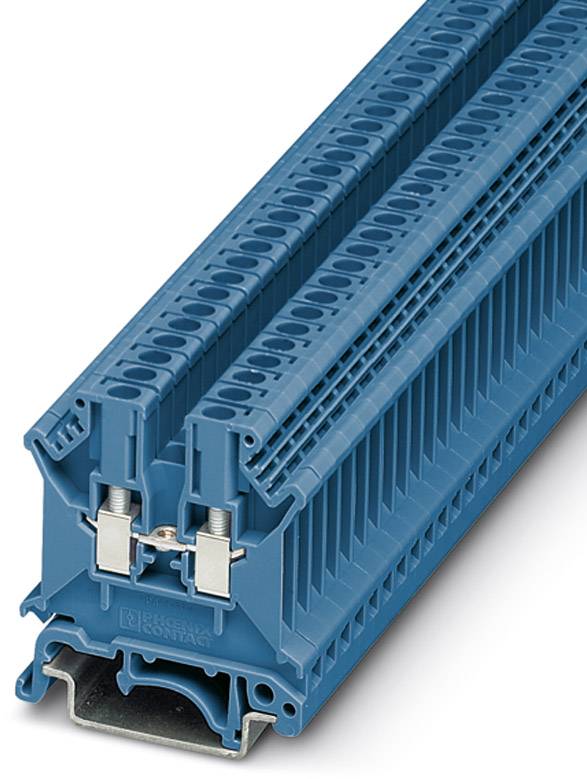 Blauer Reihenklemme, geeignet zur Befestigung von elektrischen Leitungen auf einer Tragschiene.