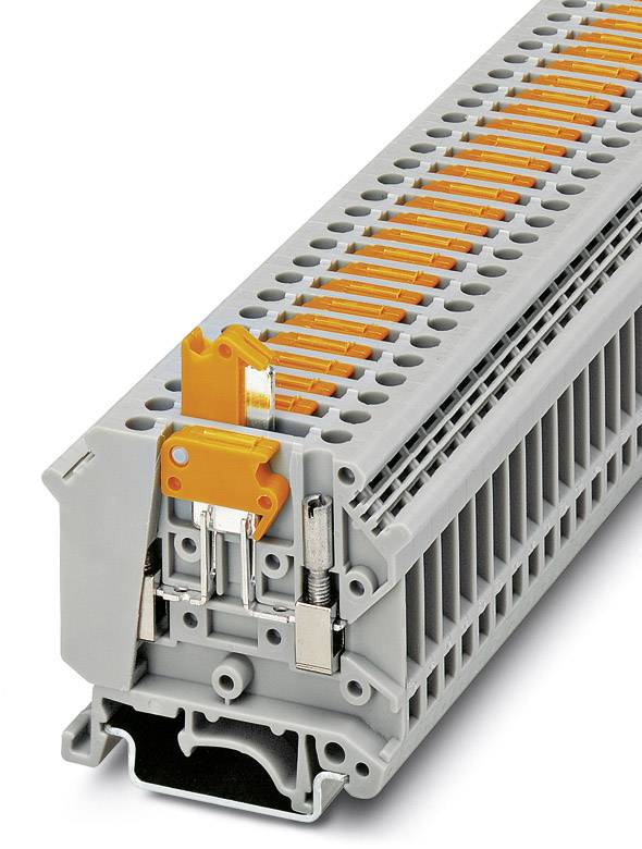 Graues elektrisches Reihenklemmensystem mit mehreren orangefarbenen Hebeln zur Kabelbefestigung, zeigt Schnittansicht der internen Struktur.