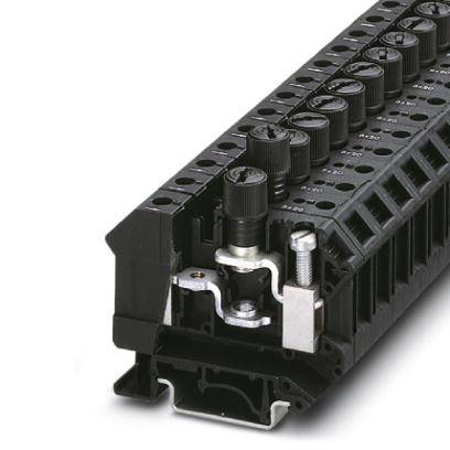 Eine schwarze, mehrfache Klemmenleiste mit Schraubanschlüssen, die für elektrische Verbindungen in Schaltschränken verwendet wird.