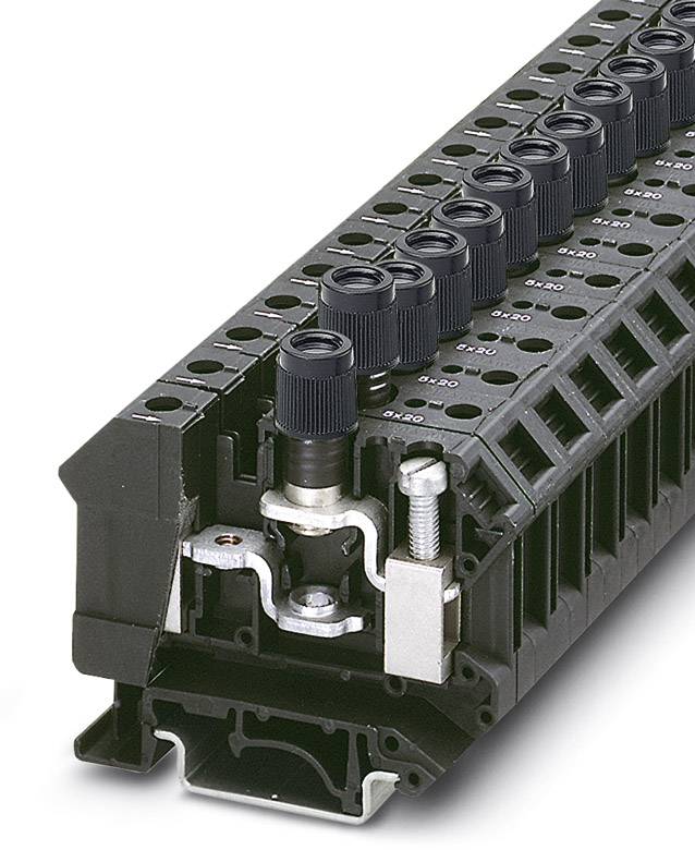 Reihe von schwarzen Leiterplattenklemmen mit Schraubanschlüssen in einer Abdeckung, geeignet für industrielle Elektroanwendungen.