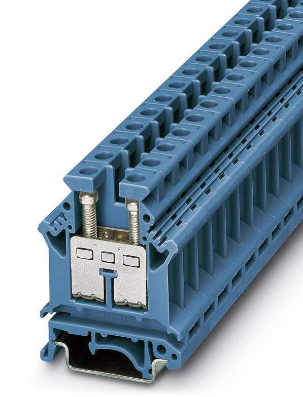 Blauer, mehrstöckiger elektrischer Klemmenblock mit Metallschrauben zur Befestigung auf einer Schiene, für industrielle Anwendungen.