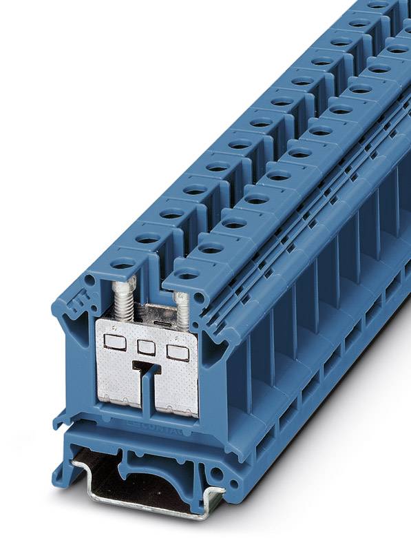 Ein blauer elektrischer Reihenklemmenblock mit mehreren Anschlüssen, geeignet für Verdrahtung in Schaltschränken.