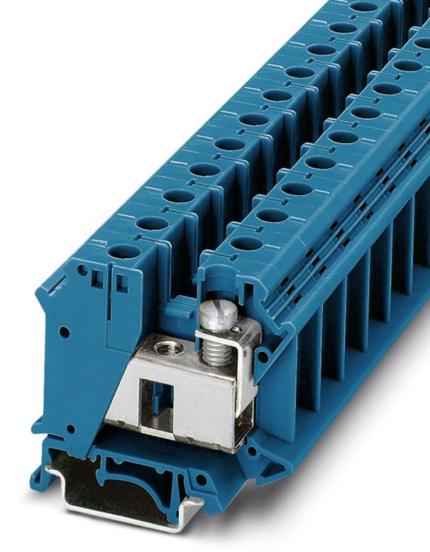 Ein blaues Reihenklemmen-Modul für die Verdrahtung in elektrischen Schaltschränken, mit Befestigungsschraube sichtbar.