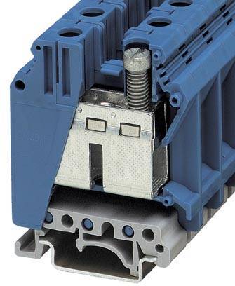 Ein blauer elektrischer Klemmenblock mit Metallschraube, Detailansicht der Anschlüsse, zeigt robuste Bauweise und klare Kennzeichnung.