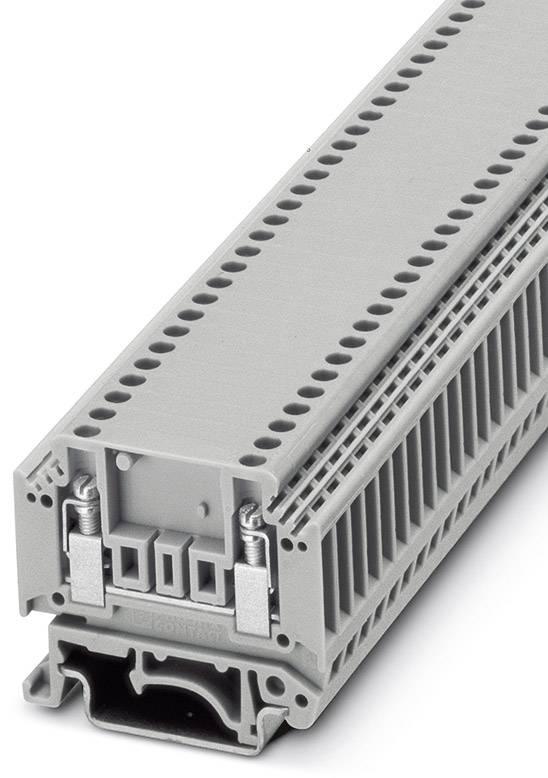 Ein grauer Reihenklemmenblock mit mehreren Anschlussstellen und vertikalen Lüftungsschlitzen. Geeignet für elektrische Verdrahtungssysteme.