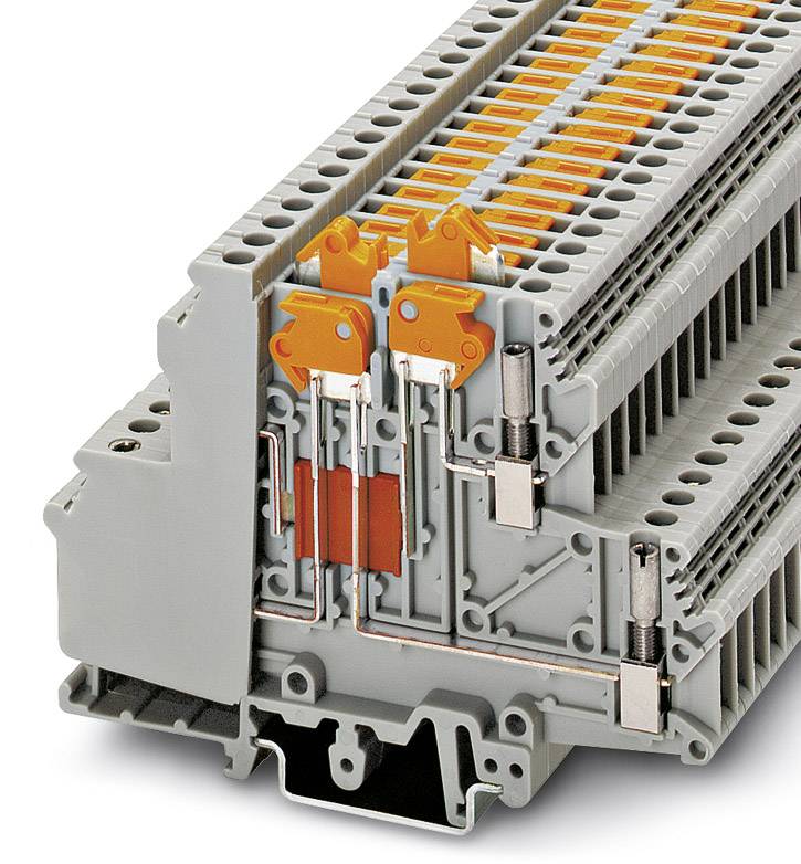 Ein Stapel von grauen, modularen Reihenklemmen mit orangefarbenen Elementen, die für elektrische Verbindungen genutzt werden.
