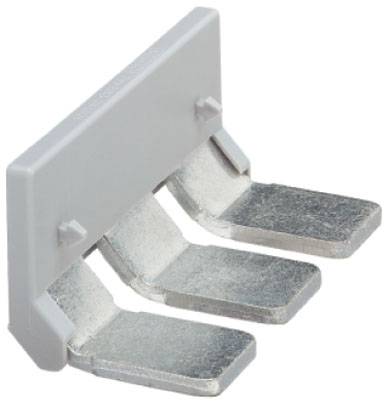 Grauer Kunststoffblock mit drei flachen, silbernen Metallzungen, die parallel zueinander angeordnet sind.