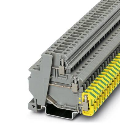 Grau-gelbes elektrisches Verbindungsmodul, rechteckige Form, für industrielle Schienenmontage.