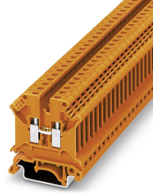 Oranger Reihenklemmenblock mit zwei metallischen Kontaktpunkten für elektrische Verbindungen in Schalttafeln oder Verteilungssystemen.