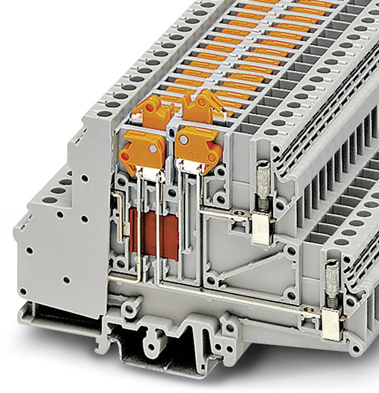 Eine graue Reihenklemme aus Kunststoff mit orangefarbenen Hebeln, die zur Verbindung und Verteilung elektrischer Leitungen dient.
