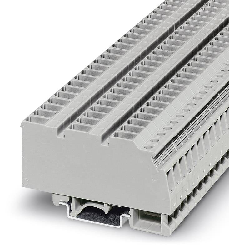 Eine graue Reihenklemme mit zwei Anschlussreihen, verwendet in elektrischen Schalttafeln zur Verbindung und Organisation von Drähten.