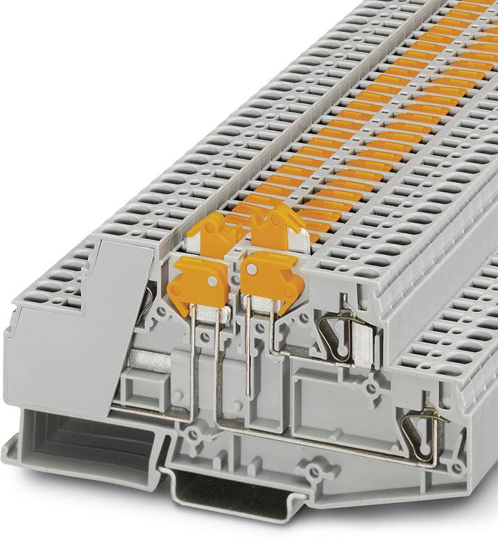 Elektronische Klemmenleiste, grau-orange, für elektrische Verbindungen. Sichtbare Phasenanschlüsse, modular aufgebaut.