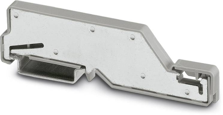 Ein graues Bauteil aus Metall und Kunststoff, geformt wie ein flaches, abgewinkeltes Stück mit Öffnungen und Aussparungen.