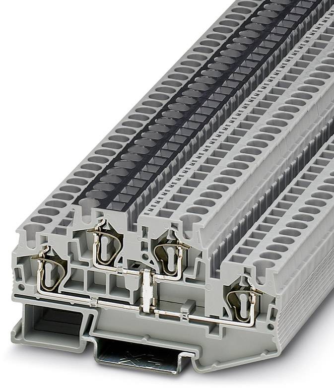 Elektrische Reihenklemme mit mehreren Anschlusspunkten und grauer Abdeckung, geeignet für den Einsatz in Schalttafeln und elektrischen Verbindungen.