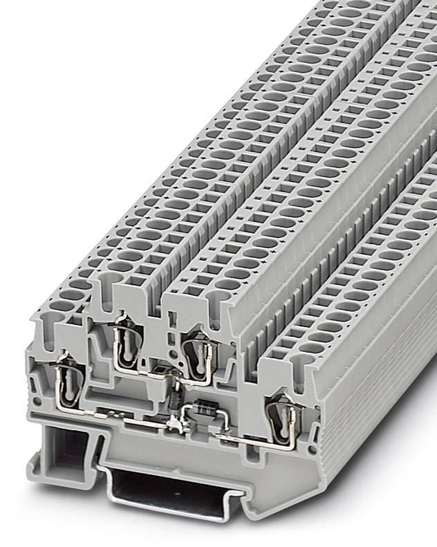 Graues Reihenklemmenmodul mit mehreren Etagen und Anschlussmöglichkeiten, häufig verwendet für Verdrahtungszwecke in elektrischen Schaltschränken.