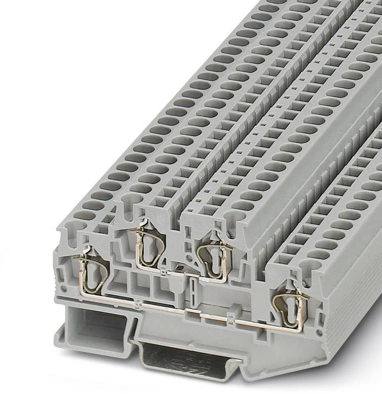 Graue elektrische Reihenklemmen, die zum Anschließen und Verteilen von Kabeln in elektrischen Schaltschränken verwendet werden.