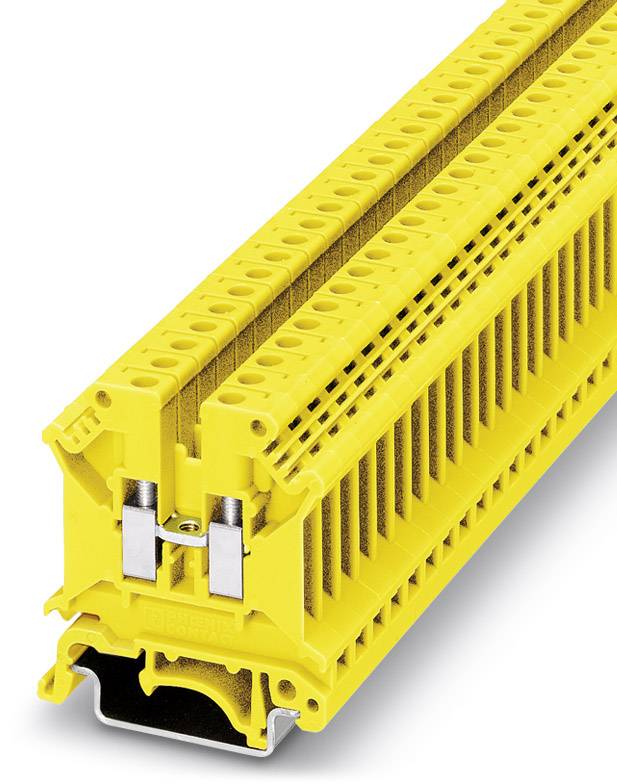 Gelbe Reihenklemme mit Metallkontakten und Kunststoffgehäuse, geeignet für elektrische Verdrahtung in Schalttafeln.