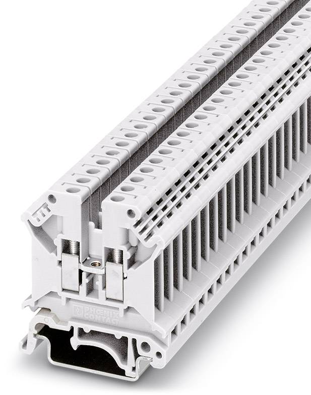 Ein grauer Klemmenblock aus Kunststoff mit mehreren Anschlussmöglichkeiten, zur Befestigung elektrischer Drähte auf einer DIN-Schiene.