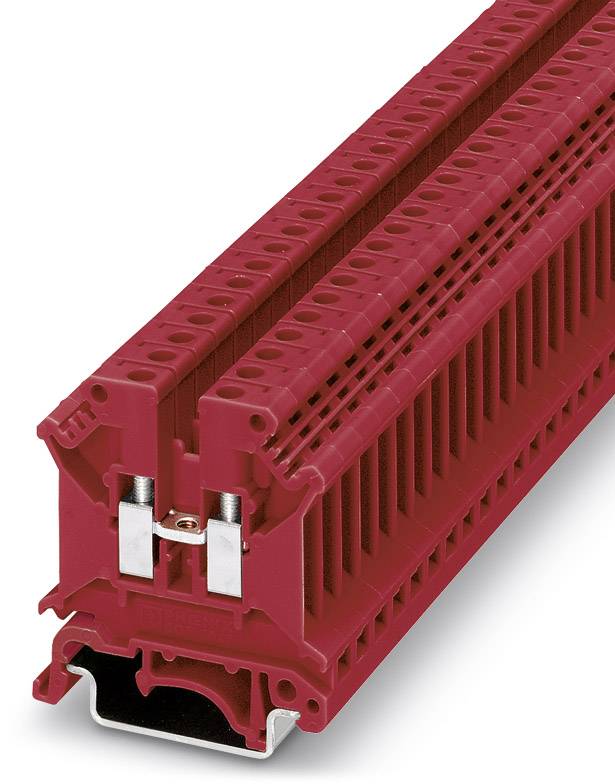 Rote, modulare Reihenklemme, für elektrische Verbindungen und Verdrahtung in Schalttafeln, mit mehreren Anschlüssen und robustem Design.