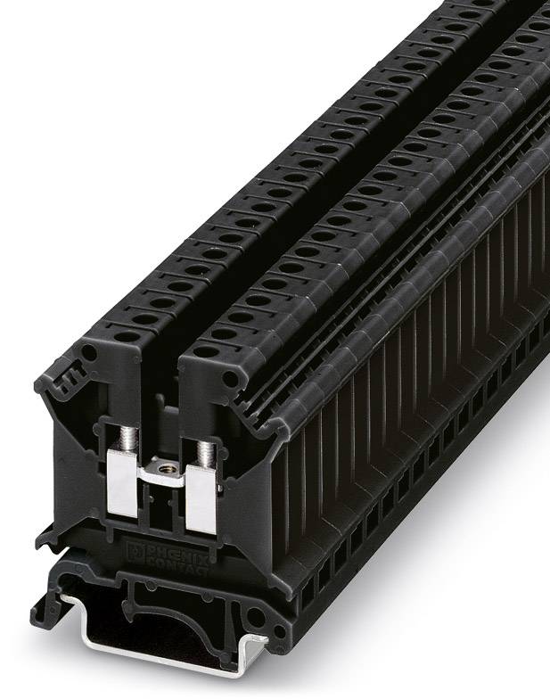 Elektrische Reihenklemme, schwarzes Kunststoffgehäuse, mehrere Steckplätze für Kabelverbindungen.